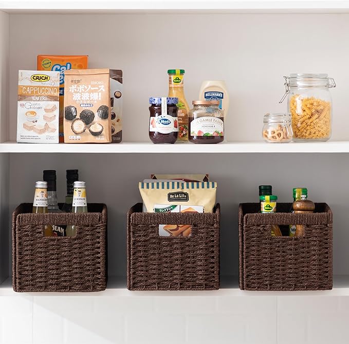 joybest Wicker Storage Baskets, Set of 4 Hand-Woven Paper Rope Dark Brown Baskets for Organizing, Foldable Rectangular Storage Organizer Bins for Shelves with Handles 13.4L x 8.3W x 7.1H