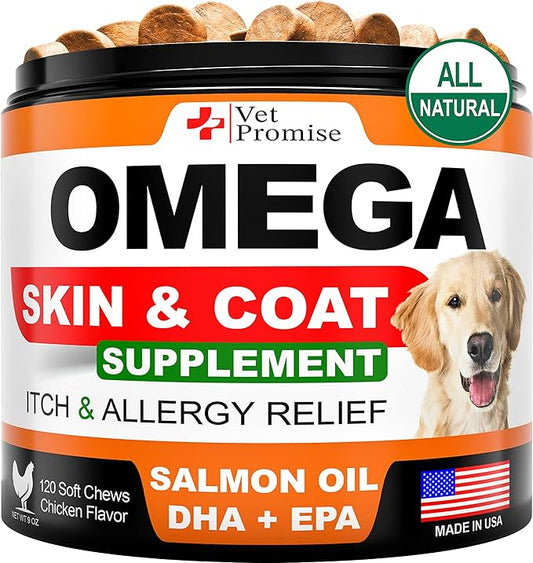 Omega 3 for Dogs - Skin and Coat Supplement - Fish Oil for Dogs Chews - Allergy and Itch Relief - Anti Shedding Supplement - Dry Skin Treatment - Salmon Oil - Made in USA - 120 Soft Treats