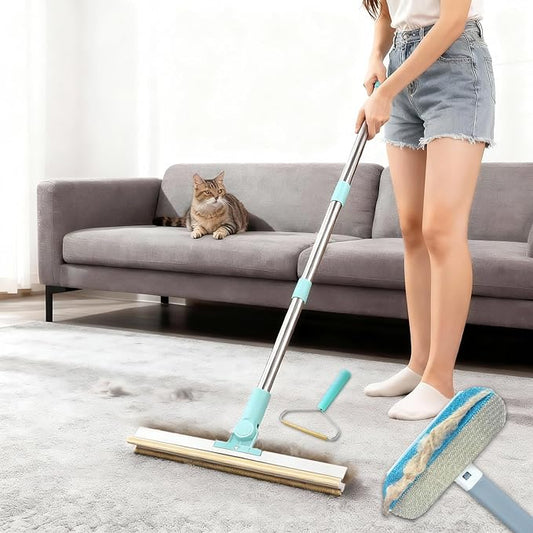 Carpet Rake for Pet Hair Removal - 3 in 1 Reusable Dog Cat Hair Remover Scraper with Adjustable Long Handle, Carpet Clean Brushes & Cat Dog Fur Rakes Scraper Broom for Couch, Rugs, Mats and Cars