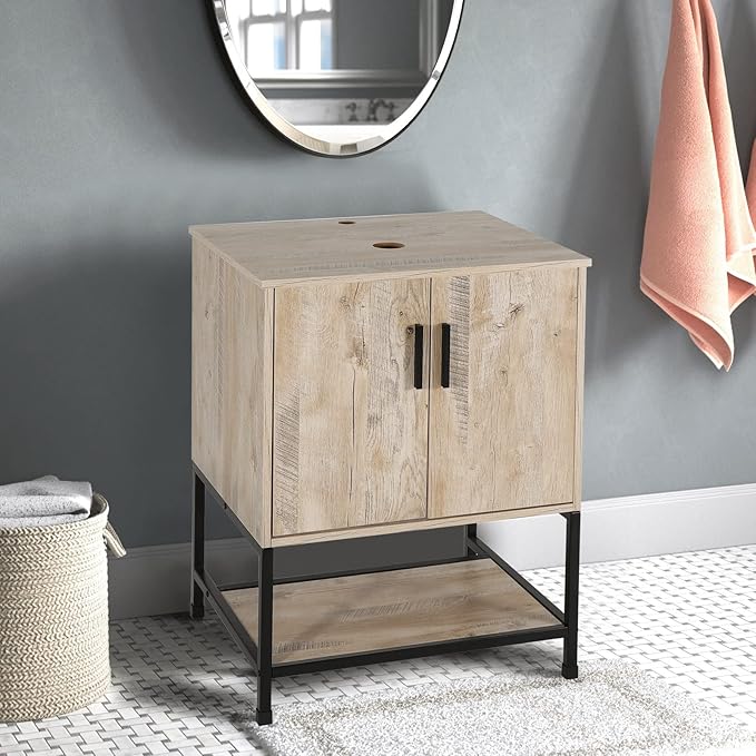 eclife 24" Bathroom Vanity Sink Combo Modern Metal Stand Cabinet W/Bottom Shelf, Oak (Without Sink)