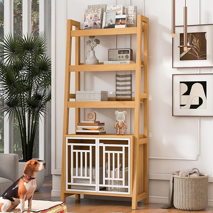 2-in-1 Modern Dog Crate & Bookcase - Space-Saving Leaning Ladder Design with Storage Shelves, Ancient Oak MDF & Steel, 76" H for Small to Medium Pets