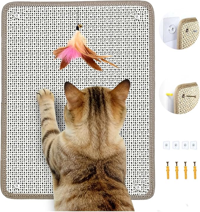 Cat Nail File Scratcher & Scratching Pad - Natural Sisal Scratch Mat with 80-Grit Aluminum Oxide, Wall/Floor Cat Scratcher That File Nails for Nail Trimming & Furniture Protection