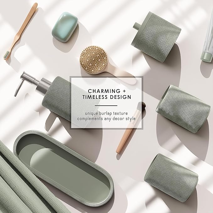 Clara Clark Sage Green Bathroom Set - Bathroom Accessories Set, 19PC Bathroom Accessory Set, Bathroom Sets with Shower Curtain Set, Soap Dispenser & Toothbrush Holder