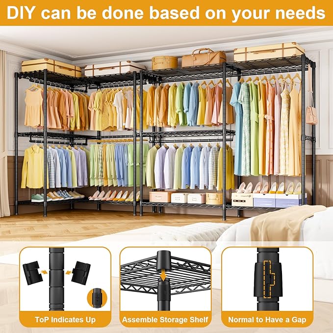 E15 Garment Rack L Shaped Clothes Rack for Corner，Freestanding Clothing Racks for Hanging Clothes，Heavy Duty Closet Organizer with 4 Hanging Rods & 8 S Hooks，43.3" W x 29.4" D x 78.4" H，Black