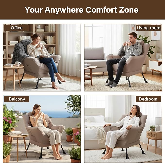 Welnow Lazy Chair for Living Room, Modern Reading Lounge Accent Chair with Armrests and a Side Pocket, Leisure Upholstered Lazy Sofa for Small Space, Bedroom, Dorm, Khaki