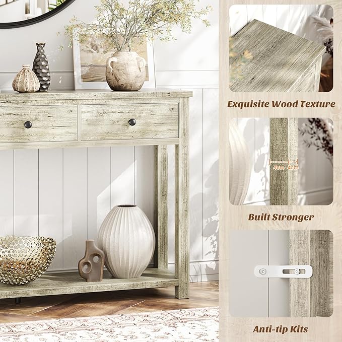 Homieasy Farmhouse Console Table with 2 Drawers, 32 Inch Small Sofa Table with Storage Shelf for Living Room, Behind Couch, Entryway Table for Hallway, Living Room, or Foyer, Light Rustic Oak