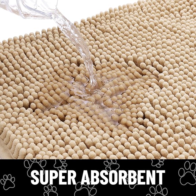 Smiry Dog Door Mat for Muddy Paws, Absorbent Dirt Trapper Non Slip Quick Dry Washable Chenille Mat for Mud Dogs, Entry Rug for Indoor and Outdoor (44x32 Inches, Beige and White)
