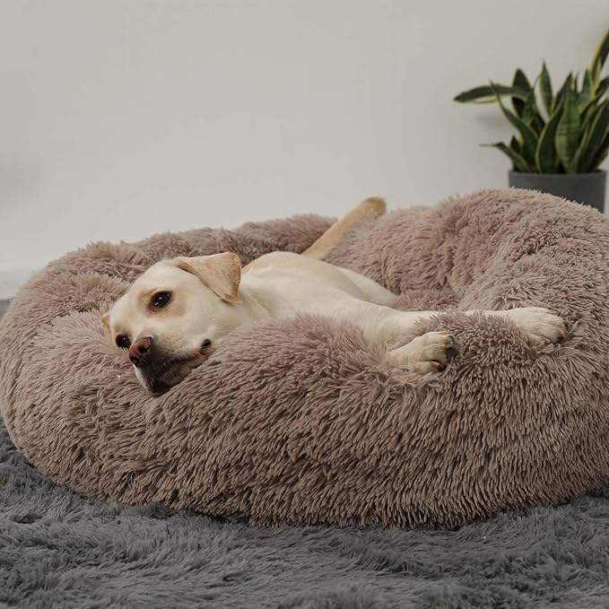 HACHIKITTY Calming Donut Cuddler Dog Bed, Round Fluffy Pet Bed with Sewn-in Cushionfor Large Dogs,Washable, Taupe, XLarge 36''