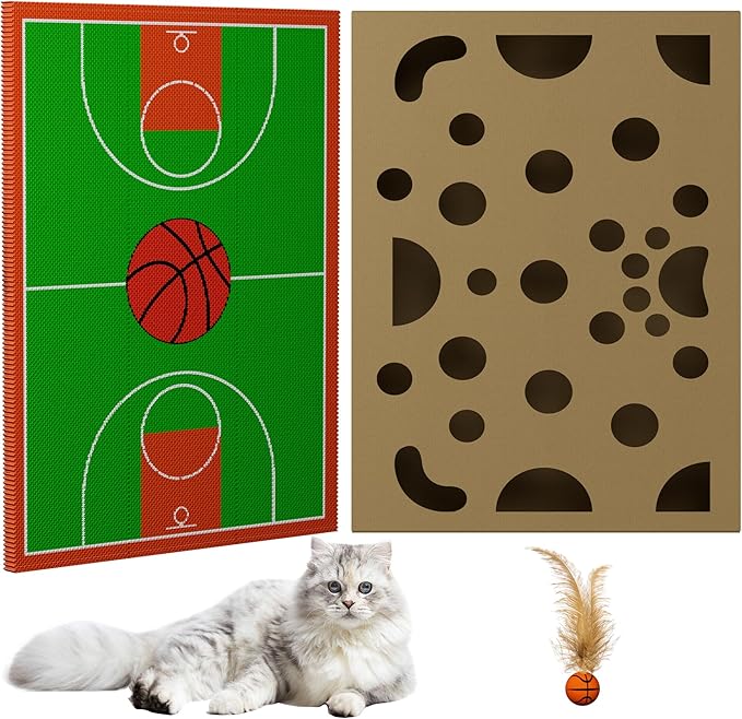 Cat Scratching Board - Basketball Sports Field Design with Elastic Ball, Hide-and-Seek Holes, and Interactive Play Box for Indoor Cats