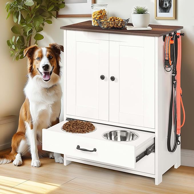 Pet Feeding Station with Storage Cabinet - Dog Food Organizer with Pull-Out Drawers, Adjustable Height Bowls & 3 Hooks - 23.6” Pet Storage Cabinet for Dogs & Cats