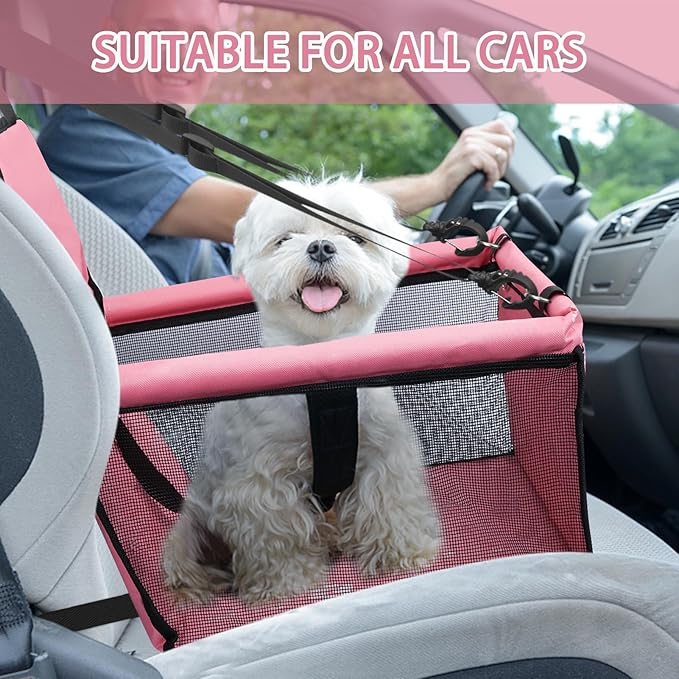 PetsHome Dog Car Seat Foldable Dog Car Booster Seat Waterproof Breathable Oxford Travel Bag for Small to Medium Dogs, Puppies, and Pets-Pure Pink