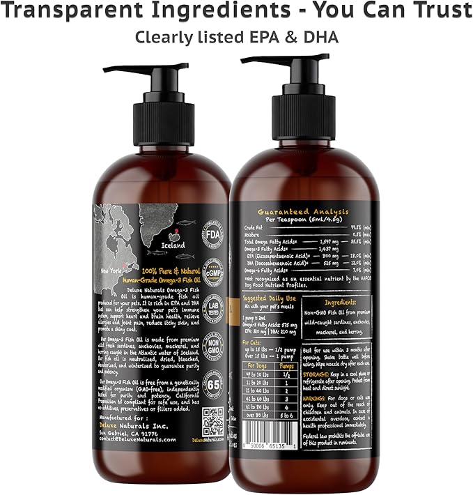 Rich Omega-3 Fish Oil for Dogs & Cats | Natural EPA + DHA Fatty Acids for Shiny Coat, Reduce Itchy Skin, Support Joint Function, Immune & Heart Health, 16 FL OZ
