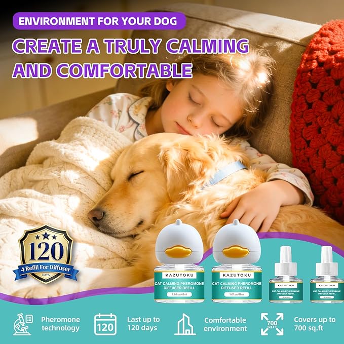 Dog Calming Pheromones Diffuser, 6 in 1 Kit Appeasing Pheromone Diffuser to Calm Dogs, with 2 Plug in Diffuser+4 Refill 48ml 120 Days Supply, Reduce Aggression Fighting Scratching Barking Stress