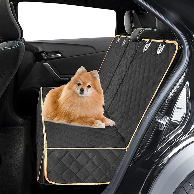 Dog Car Seat Cover for Back Seat, Nonslip Waterproof Bench Seat Pad, Durable Pet Backseat Protector Compatible for Armrest & Seat Belt, Universal for Most Cars (Black/Orange)