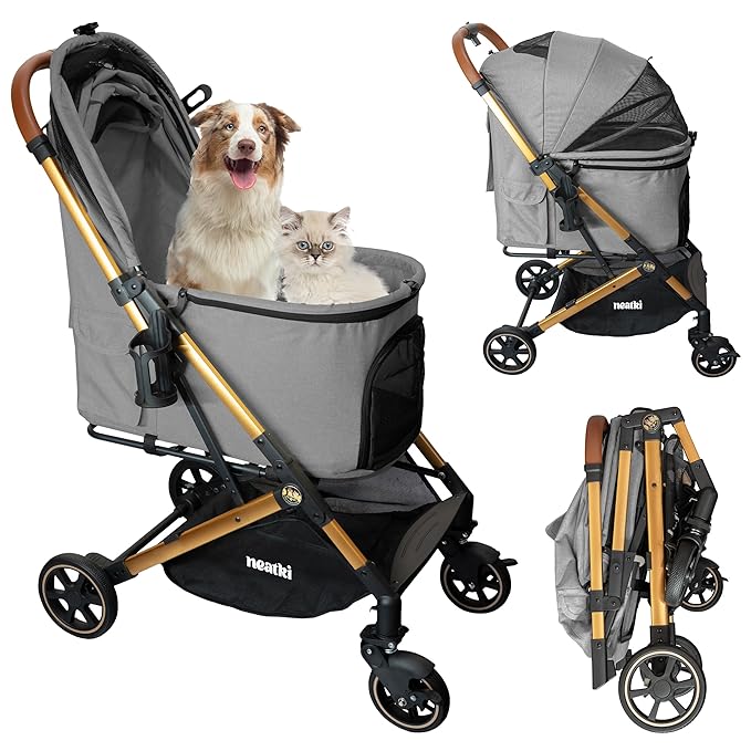 Foldable Pet Stroller for Dogs and Cats, 27.55x19.68x40.55, 33 lbs Capacity, 360° Swivel Front Wheels, One-Click Fold, Leash & Lock Clips, Removable Washable Padding, Cup Holder (Gray, 33 lbs)