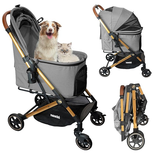 Foldable Pet Stroller for Dogs and Cats, 27.55x19.68x40.55, 33 lbs Capacity, 360° Swivel Front Wheels, One-Click Fold, Leash & Lock Clips, Removable Washable Padding, Cup Holder (Gray, 33 lbs)