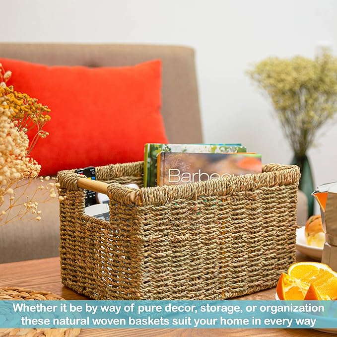 Natural Seagrass Basket with Wooden Handle, Medium Rectuangular Wicker Basket for Living Room 12.2 x 8.9 x 6.7 inches - 3 Pack