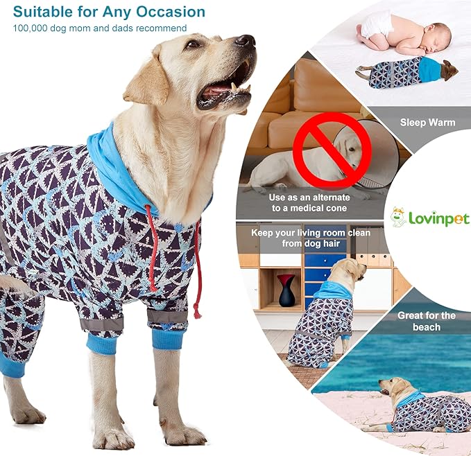 LovinPet Large Pitbull Dogs Onesies - Wound Care/Post Surgery Dog Clothes, Anxiety Relief Shirt for Dogs, Large Breed Dog Jammies, Lightweight Stretchy, Reflective Stripe, Brown Shark Print/Medium