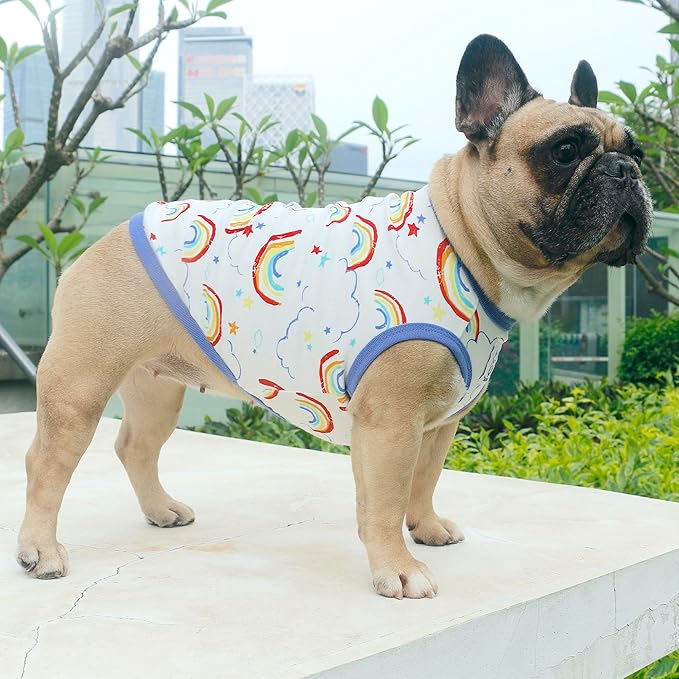 iChoue 100% Breathable Cotton French Bulldog Halloween Cartoon T Shirts Cute Clothes for Medium Dogs Vest Tank Tops Frenchie Pug Small Puppy English Boston Terrier Rainbow - Large
