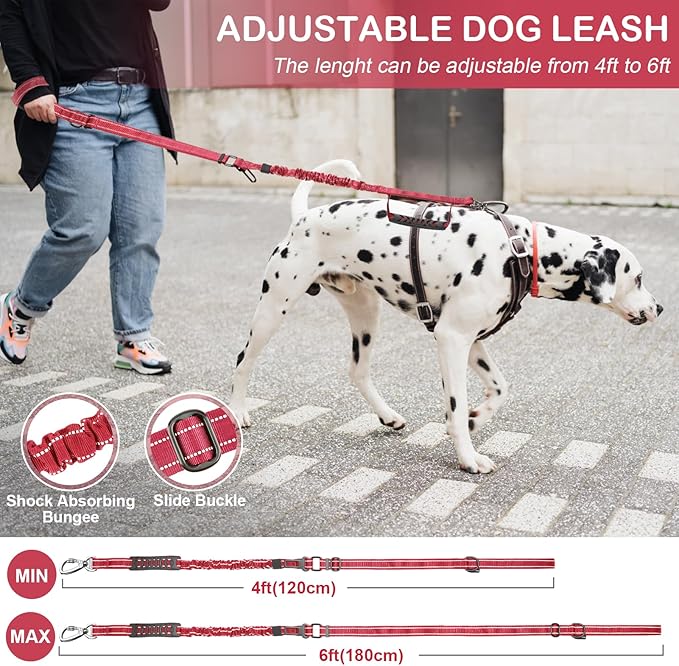 Tactical Dog Leash Heavy Duty, 4-6FT Shock Absorbing Bungee Dog Leash, Reflective Military Strong No Pull Dog Leash with 2 Padded Handle and Car Seatbelt for Medium Large Dogs, Red