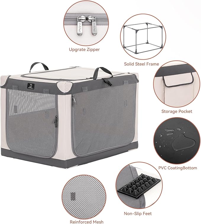 A 4 Pet Soft Dog Crate 36 Inch Mid Portable Collapsible Pet Travel Kennel, 3-Door Soft-Sided Lockable Zippers & Reinforced Steel Frame, Easy Setup, Mesh Panels — Ideal for SUV, Car, Camping & Home Use