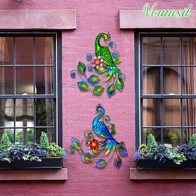 Voumsil Metal Peacock Wall Art Outdoor Wall Decor Tropical Wall Sculpture for Patio Balcony Garden Fence Art Living Room Bedroom Indoor Outdoor 2PCS
