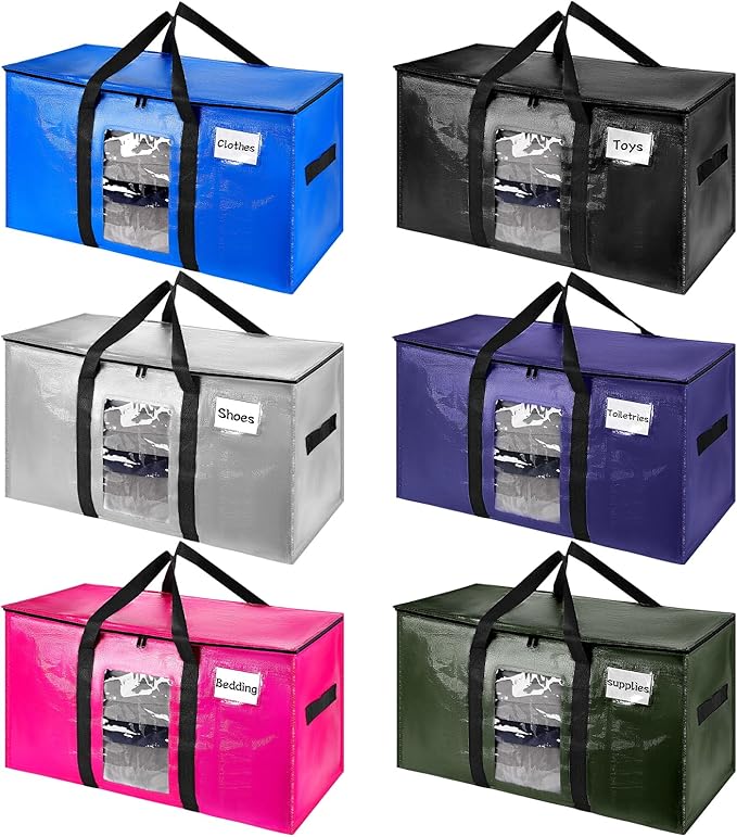 6 Pack Extra Large Moving Bags with Visible Window & Tag Pocket,Strong Zippers & Handles, Heavy Duty Storage Totes for Moving & Space Saving