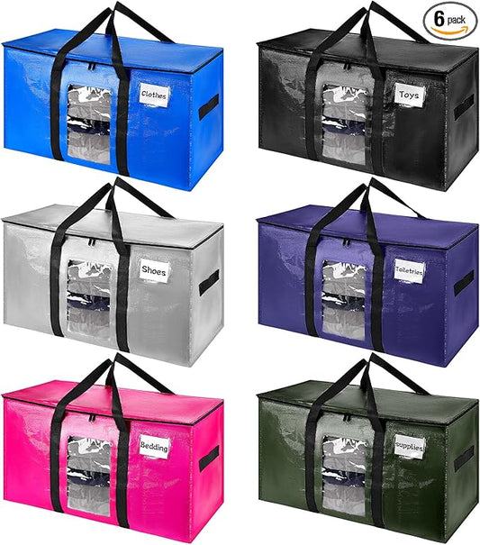 6 Pack Extra Large Moving Bags with Visible Window & Tag Pocket,Strong Zippers & Handles, Heavy Duty Storage Totes for Moving & Space Saving