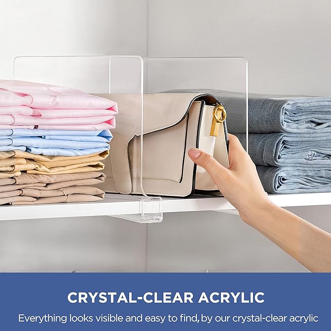HBlife 12 Pack Clear Shelf Dividers, Vertical Purse Organizer for Closet Perfect for Sweater, Shirts, Handbags in Bedroom and Kitchen, Adjustable Acrylic Bookshelf for Organization