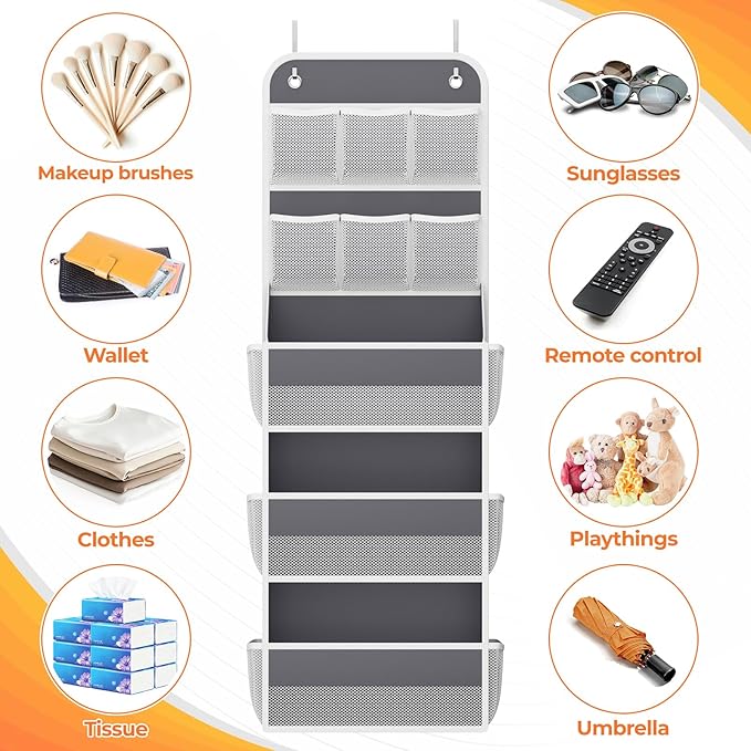 5-Tier Over The Door Organizer with Mesh Pockets, Baby Nursery Storage for Closet, Bathroom and Bedroom, Adjustable Hanging Closet Organizer for Cosmetics, Books and Essentials (Dark Grey)