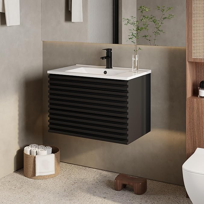 eclife 30" Floating Bathroom Vanity with Sink Combo Mid-Century Wall Mounted Cabinet with Wood Stripes Decor, Drawers, Undermount Sink, Faucet, Drain, Black