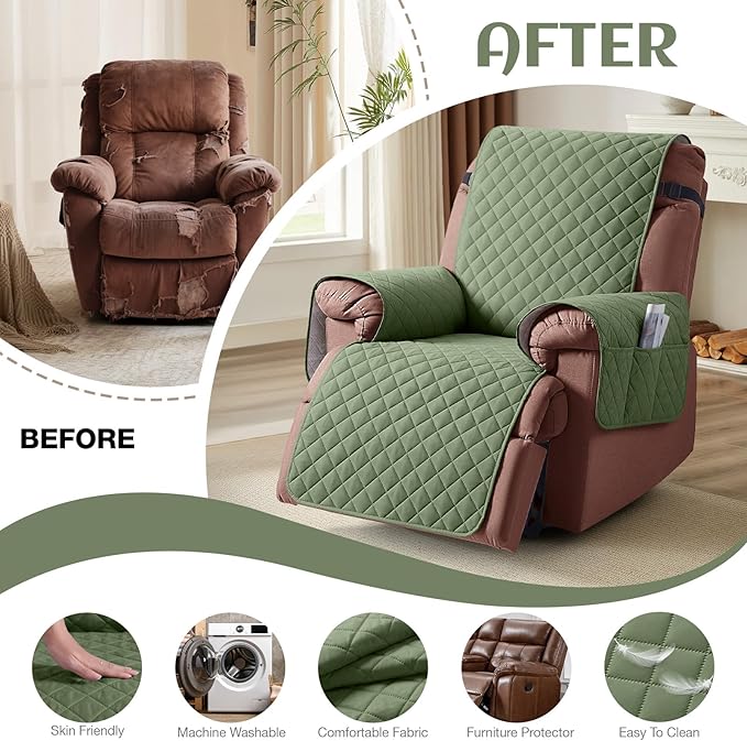 KinCam 100% Waterproof Recliner Chair Cover, Reclining Couch Covers for Pets, Dogs, Recliner Couch Slipcover Furniture Protector with Elastic Straps for Kids(25", Cactus Green)