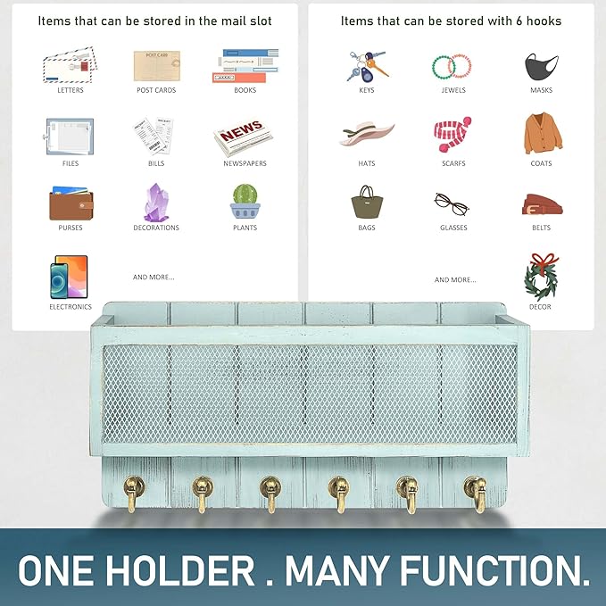 Rebee Vision Pine Wood Key Holder Wall Mount – Key Holder for Wall with Hooks and Mail Basket for Entryway – Home Improvement Gift Wooden Storage Shelf for Keys & Letters (Blue)