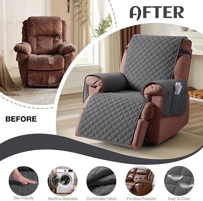 KinCam 100% Waterproof Recliner Chair Cover, Reclining Couch Covers for Pets, Dogs, Recliner Couch Slipcover Furniture Protector with Elastic Straps for Kids(30", Charcoal Gray)
