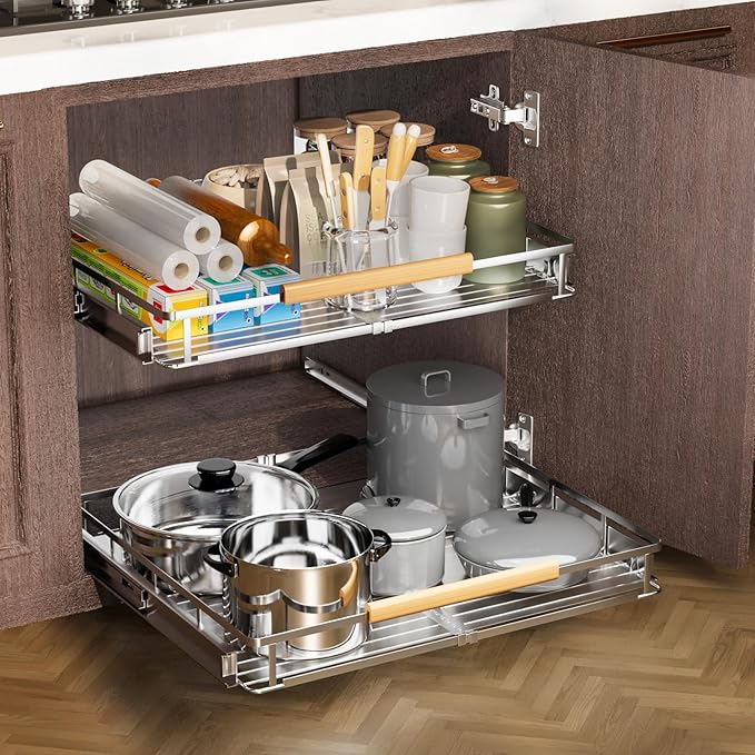 2 Pack Expandable Pull Out Cabinet Organizer，Side Mounting 16.3~26.3"x17.3"Cabinet Pull Out Shelves, Expandable Slide Out Spice Rack for Kitchen Bathroom Office