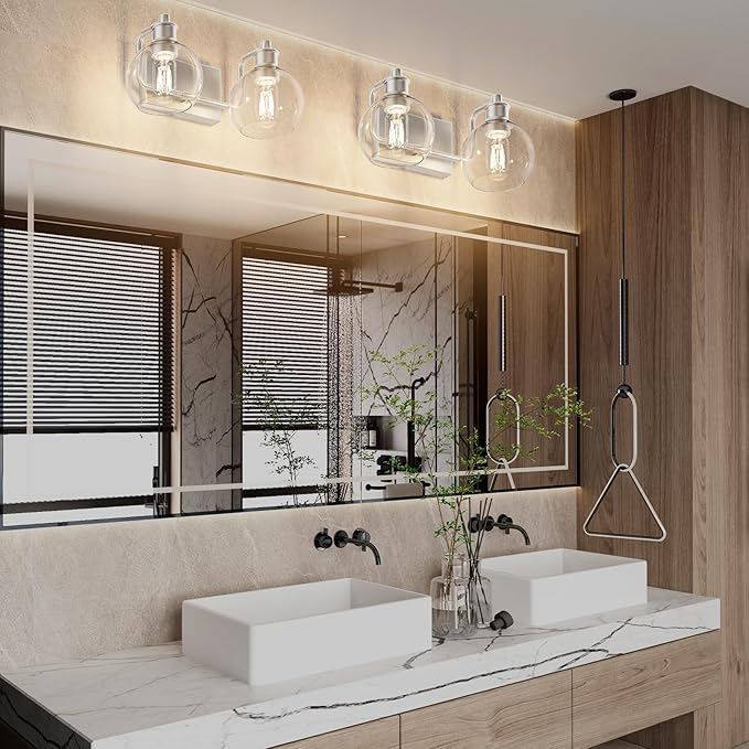 Tipace 2 Lights Modern Bathroom Vanity Light Fixtures Over Mirror Brushed Nickel Industrial Vanity Lights with Globe Clear Glass Farmhouse Wall Sconces Fixture(Exclude Bulb)