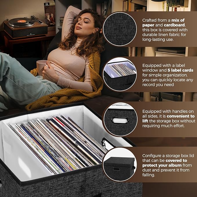 Sturdy Vinyl Record Storage Box - Album Storage Holds up 50+ Single Record, LP Storage Organizer Crate With Lid, Decorative Moving Box For Records, Solutions to Protect Your Precious Collection Black