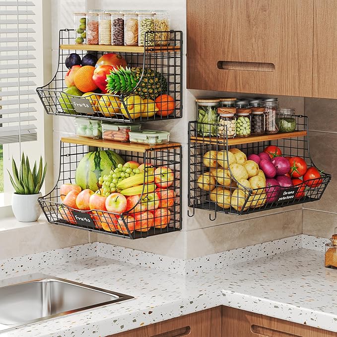 3 Pack Extra Large Fruit Basket for Kitchen with Wood Lid Nameplate - Counter&Wall Mounted Onion and Potato Storage Bin, Stackable Metal Hanging Wire Baskets,15.35 * 8.66 * 10.63 inch