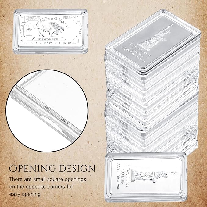 Batiyeer 200 Pcs 1 oz Silver Bar Case Holder Clear Acrylic Bar Capsule Storage Container for 1 Ounce Holder with Plastic Storage Box for Collectors Investors