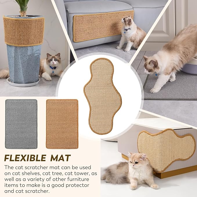 2PCS Natural Sisal Fabric Large 23.6" x 15.7" Cat Scratching Pad for Indoor Cats Scratcher Mat with Sticky Tapes Horizontal Cat Scratcher for Scratching Posts Couch Protection(Camel, 2 Pack)