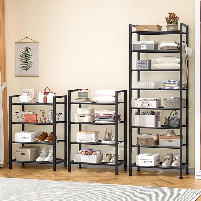 usikey 8 Tiers Narrow Shoe Rack 16-24 Pairs, Sturdy Metal Tall Shoe Rack with 4 Hooks, Slim Shoe Storage Organizer with Metal Shelf, Space Saving Vertical Shoe Shelf for Entryway Black UNYXJX016H