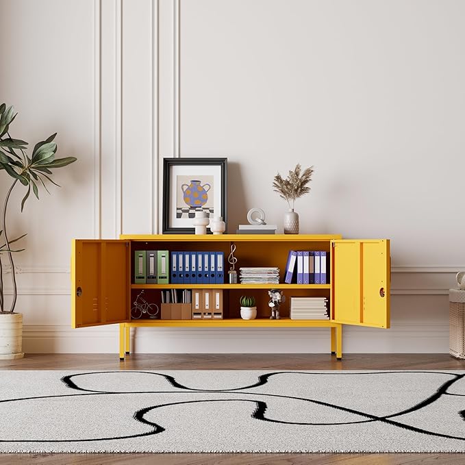Yellow Metal Storage Cabinet with Lock, 2-Door Wide Organizer, Adjustable Shelves, Multifunctional TV Stand & Entertainment Center for Bedroom, Living Room, 24" H x 39.4" W x 15" D