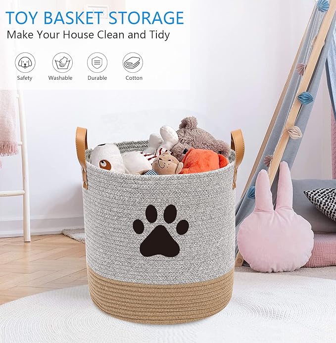 Cotton rope dog toy basket, puppy toy basket, puppy bins, laundry basket blanket storage bin - Perfect for organizing pet toys, blankets, leashes - Gray Beige