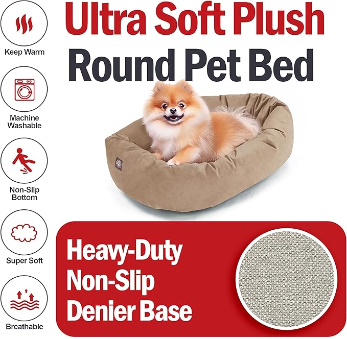 Majestic Pet 24 Inch Suede Calming Dog Bed Washable 24x19x7 (Inch) – Cozy Soft Round Donut Dog Bed with Spine Support for Dogs to Rest Their Head - Pet Bed Small – Stone (2025)