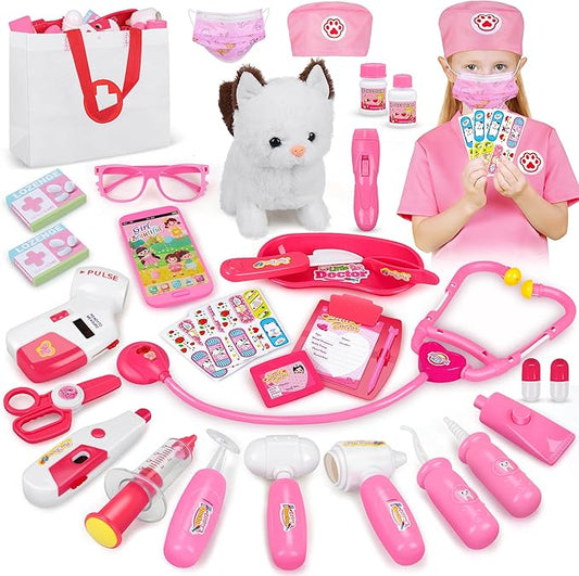 33Pcs Pet Doctor Kit for Toddlers - Dress Up Costume & Pretend Doctor Play Set with Cat Toy, Stethoscope, Portable Pet Vet Roleplay Toy, Christmas Birthday Gifts for Ages 3 4 5 6-8 Year Old Boys Girls