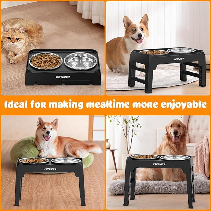 URPOWER Raised Dog Bowls 4 Height Adjustable Elevated Bowl Stand with Stainless Steel Water Bowl Non-Slip Dog Food Bowls Stand for Small Medium Large Dogs and Pets