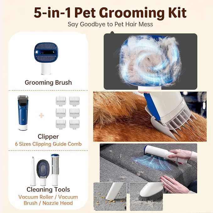 Simple Deluxe 10000Pa Strong Pet Vacuum for Shedding Grooming Kit with Hair Clippers & Shedding Brush, Dogs & Cats Hair Remover Vacuum with 2.5L Dust Cup, 3 Levels, 5 Grooming Tools，Low Noise, Gray