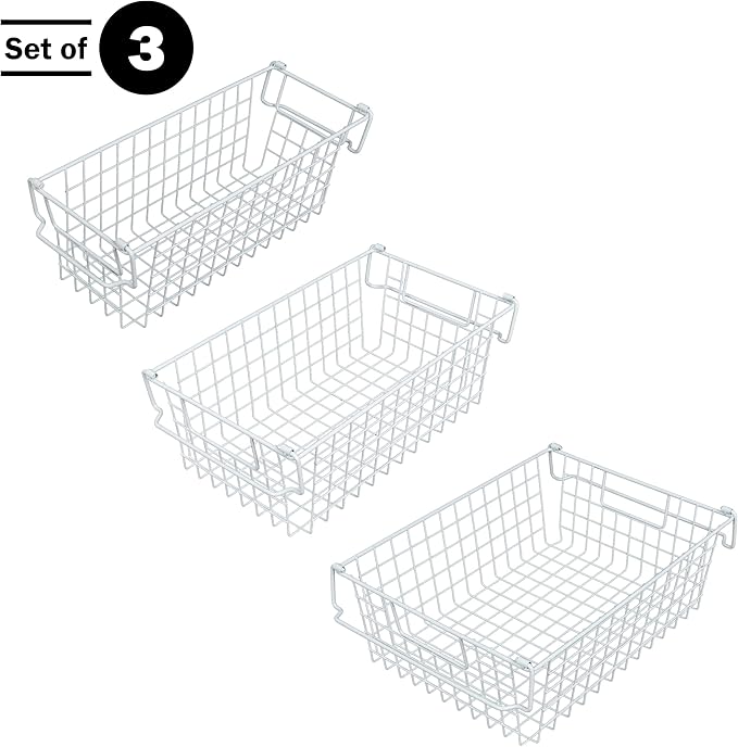 Home-Complete 16" Large Stackable Wire Baskets, 3-Size Set Organizer Stacking Storage Bins for Shelf, Pantry, Kitchen, Cabinets, can Also be Used in Chest Freezers (White)