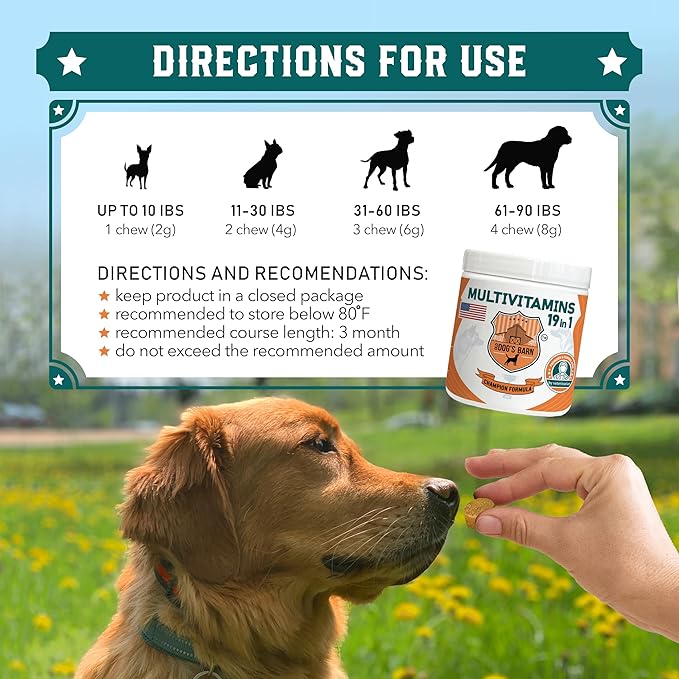 Old Dog's Barn Multivitamins 19 in 1 for Dogs – Glucosamine, Salmon Oil, Cranberry Powder, Hemp Seed Oil (Omega 6), MSM, Chondroitin, Vitamin C, Probiotics, Zinc & Folic Acid 120 Soft Chews