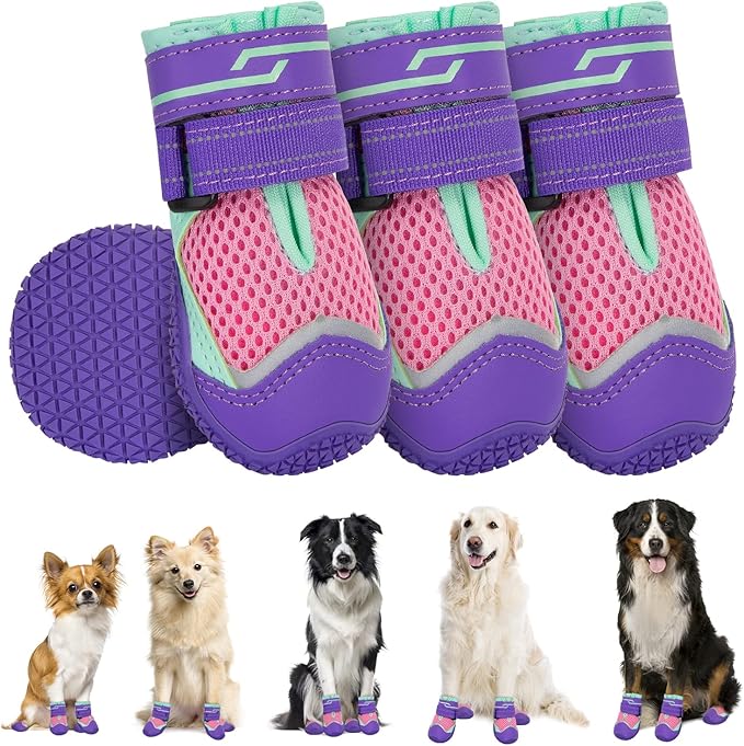 SlowTon Dog Shoes for Large Small Medium Dogs - Breathable Dog Boots for Summer Hot Pavement, Paw Protector for Outdoor Walking Winter Snow, Anti-Slip Rubber Dog Booties for Hardwood Floor (PU, 0)